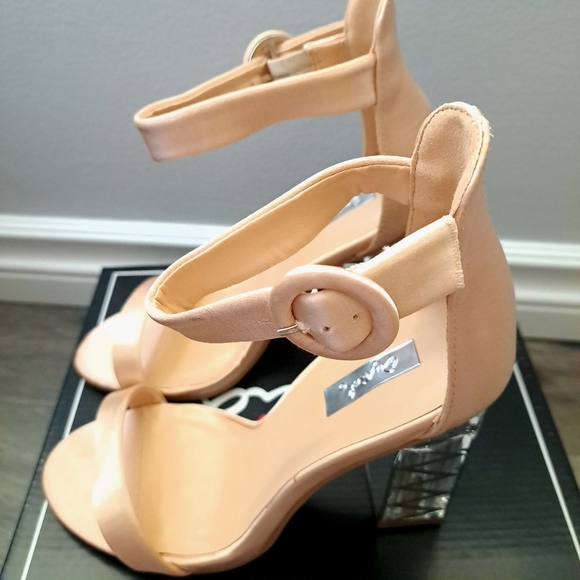Qupid | lt champagne satin ~ clear chunk high heel with ankle buckle - Picture 5 of 9